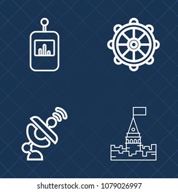 Premium set of outline vector icons. Such as sea, technology, tower, black, yacht, building, castle, helm, marine, button, navigation, ship, remote, old, equipment, palace, channel, travel, video, tv