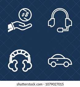 Premium set of outline vector icons. Such as car, digital, transport, cab, support, call, bank, stereo, salary, microphone, headphone, finance, wealth, communication, sound, sign, center, currency