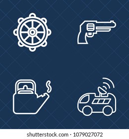Premium set of outline vector icons. Such as satellite, map, transportation, technology, weapon, handgun, tea, car, revolver, metal, drive, steam, pot, firearm, gun, boil, trigger, teapot, gps, rudder