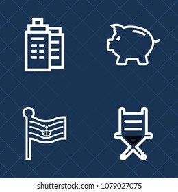 Premium set of outline vector icons. Such as banner, real, country, property, savings, office, decor, sign, modern, piggy, economy, nation, financial, estate, interior, usa, seat, currency, armchair