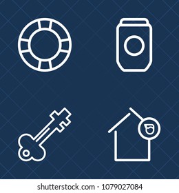 Premium set of outline vector icons. Such as rubber, holiday, key, business, vintage, swim, landlord, metallic, ring, loan, beach, iron, fun, lock, product, packaging, safety, summer, can, travel, old