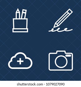 Premium set of outline vector icons. Such as school, note, photo, holding, business, office, education, female, paper, sign, colorful, pencil, network, pen, lens, supplies, focus, professional, white