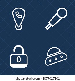 Premium set of outline vector icons. Such as sign, web, secure, communication, equipment, smartphone, safe, studio, karaoke, technology, lock, spaceship, protection, futuristic, science, safety, space