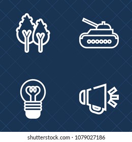 Premium set of outline vector icons. Such as outdoor, lightbulb, environment, shine, growth, weapon, speaker, trunk, concept, loud, combat, foliage, plant, defense, soldier, lamp, landscape, volume