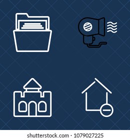 Premium set of outline vector icons. Such as old, blowing, beauty, room, medieval, hot, tower, castle, hair, person, style, air, empty, apartment, blank, information, office, home, architecture, file