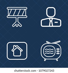 Premium set of outline vector icons. Such as home, guitar, electric, tuner, human, businessman, woman, estate, executive, technology, classical, architecture, employment, saxophone, instrument, drum