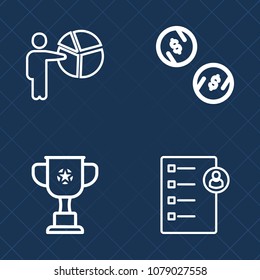 Premium set of outline vector icons. Such as adult, group, trophy, investment, female, speaker, businessman, wealth, success, competition, people, champion, winner, job, checklist, employee, meeting