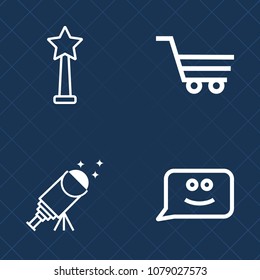 Premium set of outline vector icons. Such as science, reward, cart, retail, medal, emblem, space, astrology, chat, business, star, emotion, happy, cosmos, planet, achievement, sale, prize, smile, sky