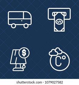 Premium set of outline vector icons. Such as bulb, road, bank, transport, temperature, fahrenheit, credit, electricity, celsius, financial, measurement, urban, illumination, card, scale, finance, lamp