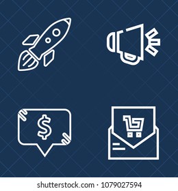 Premium set of outline vector icons. Such as rocket, price, spaceship, launch, business, list, retail, frame, bill, loudspeaker, science, card, equipment, travel, volume, object, astronaut, space