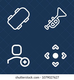 Premium set of outline vector icons. Such as skater, urban, pictogram, skateboarder, jazz, arrow, sound, background, lifestyle, profile, saxophone, web, classical, wind, active, musical, trumpet, sign