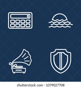 Premium set of outline vector icons. Such as landscape, old, safety, vintage, concept, protection, yellow, sign, retro, morning, sunrise, sunny, mathematics, business, secure, button, music, security