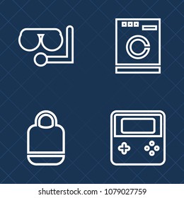 Premium set of outline vector icons. Such as modern, electrical, vacation, domestic, clean, background, housework, computer, object, handbag, clothes, diving, scuba, fashion, sea, washer, arrow, water