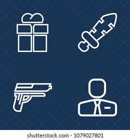 Premium set of outline vector icons. Such as revolver, employee, dagger, medieval, battle, ribbon, people, giftbox, blade, employer, work, employment, man, gift, military, bow, war, caliber, fight