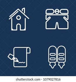 Premium set of outline vector icons. Such as checklist, notebook, shorts, style, sport, uniform, exterior, shirt, mark, building, residence, white, door, sign, house, textile, new, construction, pad, 