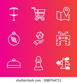 Premium set with outline vector icons. Such as quad, north, chessboard, luggage, bag, horse, location, box, store, chess, plane, package, counter, east, game, cargo, table, restaurant, coffee, pin