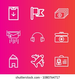 Premium set with outline vector icons. Such as post, web, banner, currency, sign, kit, red, aircraft, envelope, sound, button, finance, money, travel, female, music, usa, stereo, woman, business, home
