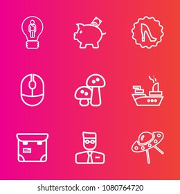 Premium set with outline vector icons. Such as bank, finance, mouse, idea, pretty, click, concept, inspiration, spaceship, frame, space, business, edible, military, elegance, phone, technology, piggy