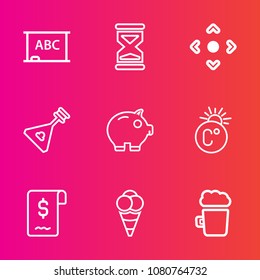 Premium set with outline vector icons. Such as ball, empty, background, money, ice, musical, string, cream, arrow, cash, scale, school, beer, food, hourglass, folk, drink, dessert, music, blank, sand