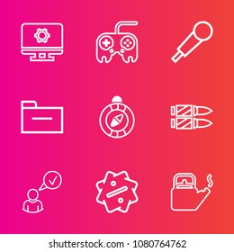 Premium set with outline vector icons. Such as weapon, gun, music, sale, profile, concert, sound, web, compass, bullet, military, sign, storage, kettle, business, direction, horizontal, north, audio