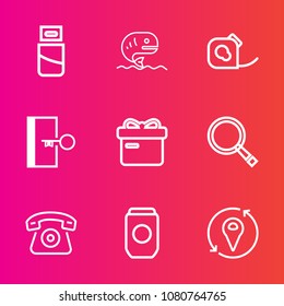 Premium set with outline vector icons. Such as aluminum, device, adhesive, home, electrical, connector, telephone, food, exit, door, seafood, container, fresh, can, insulating, duct, friction, tin