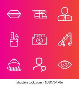 Premium set with outline vector icons. Such as computer, office, burger, meal, equipment, human, blue, eye, finance, transportation, food, employer, people, railroad, fish, tomato, bun, business, rod