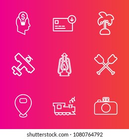 Premium set with outline vector icons. Such as transport, plane, tree, businessman, tropical, paddle, dollar, palm, finance, business, boat, summer, lantern, water, sack, hand, camera, success, metal