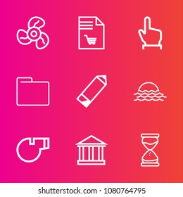 Premium set with outline vector icons. Such as air, hourglass, hand, click, finger, file, pen, tourism, morning, whistle, sun, supermarket, greek, ventilation, pencil, referee, touch, ventilator, fan