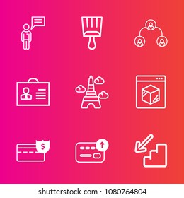Premium set with outline vector icons. Such as communication, eiffel, bank, grunge, delivery, element, company, landmark, paris, social, structure, paintbrush, team, shape, corporate, person, down, up