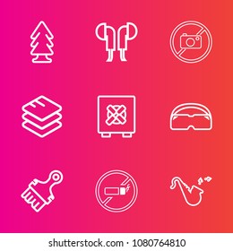 Premium set with outline vector icons. Such as bank, no, trumpet, stereo, earphone, forest, music, musical, brush, security, bugle, lock, camera, safe, sound, forbidden, internet, nature, equipment