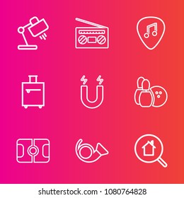 Premium set with outline vector icons. Such as audio, decoration, pin, sport, guitar, bowling, home, modern, interior, magnetic, online, jazz, real, travel, musical, player, pitch, ball, light, search