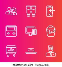 Premium set with outline vector icons. Such as transfer, equipment, user, view, credit, profile, company, container, cap, chart, phone, work, vision, card, arrow, fashion, mobile, internet, button