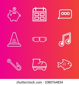 Premium set with outline vector icons. Such as event, bubble, leisure, economy, music, date, note, fishing, concept, food, seafood, sound, fun, roller, chat, rod, ladder, beautiful, speech, fashion