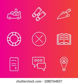 Premium set with outline vector icons. Such as literature, glasses, finance, vision, speech, transport, tool, shovel, watch, map, money, close, see, delivery, trailer, paper, equipment, education, spy