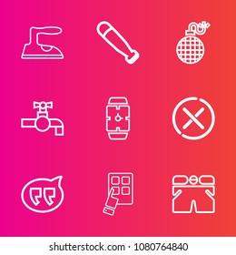 Premium set with outline vector icons. Such as clock, sink, danger, minute, watch, ironing, bat, power, hand, chat, mobile, shorts, sign, water, device, speech, internet, bubble, message, electric, no