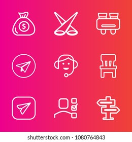 Premium set with outline vector icons. Such as cash, room, spotlight, money, financial, center, call, doorknob, business, hanger, web, light, search, vision, see, view, spy, internet, dont, investment