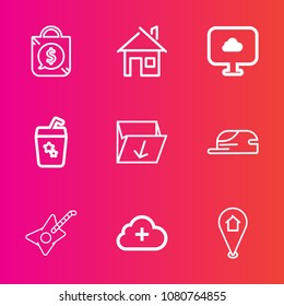 Premium set with outline vector icons. Such as internet, sale, cloud, price, pin, add, sign, rubbish, discount, market, drink, location, music, cap, modern, cocktail, waste, property, hat, house, real