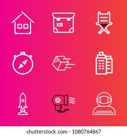Premium set with outline vector icons. Such as female, furniture, rocket, astronaut, fan, phone, technology, spacesuit, house, business, one, passenger, chair, spaceship, property, professional, east