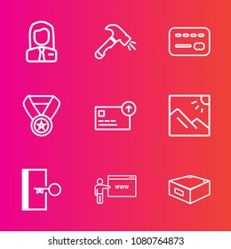 Premium set with outline vector icons. Such as reward, internet, recruitment, screwdriver, tool, success, cash, work, office, landscape, escape, drawer, exit, payment, bank, photography, credit, award