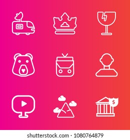 Premium set with outline vector icons. Such as window, object, antenna, style, finance, money, bear, blue, luxury, news, leather, media, truck, video, male, landscape, crash, television, van, princess