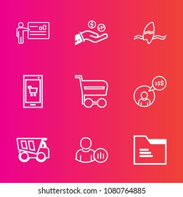 Premium set with outline vector icons. Such as tropical, businessman, meeting, money, bank, coin, trolley, work, truck, cash, tipper, online, computer, file, office, phone, internet, surfing, currency