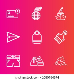 Premium set with outline vector icons. Such as internet, explode, template, brush, home, communication, dolphin, currency, ocean, cash, paint, bank, coin, wear, finance, cloud, message, paintbrush, 