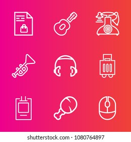 Premium set with outline vector icons. Such as badge, concert, trumpet, bugle, sound, fast, telephone, store, phone, vintage, technology, luggage, music, bag, click, mouse, white, rock, supermarket