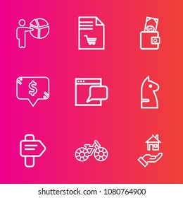 Premium set with outline vector icons. Such as market, businessman, chess, presentation, cycle, meeting, horse, female, chessboard, purse, grocery, price, conference, bike, arrow, businesswoman, paper