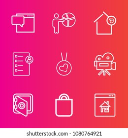 Premium set with outline vector icons. Such as businesswoman, real, celebration, camera, safety, house, property, communication, necklace, online, chat, retro, document, dialog, female, owner, people