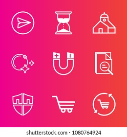 Premium set with outline vector icons. Such as email, zoom, hourglass, protection, protect, flow, night, shop, minute, watch, internet, send, sand, moon, architecture, sky, retail, industry, time, web