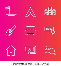 Premium set with outline vector icons. Such as buy, equipment, button, diving, online, bed, beach, distribution, double, architecture, outdoor, mask, adventure, ocean, travel, construction, cortes