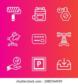 Premium set with outline vector icons. Such as communication, repair, leather, tool, finance, technology, credit, beauty, station, home, pump, rucksack, bag, work, music, web, balance, interior, radio
