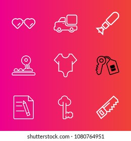 Premium Set With Outline Vector Icons. Such As Sign, Nuclear, Button, Bodysuit, Vision, Metal, Transportation, Office, Weapon, Delivery, Model, Door, Construction, Hammer, Sunglasses, Modern, Glasses