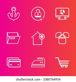 Premium set with outline vector icons. Such as housework, shop, card, ironing, iron, infographic, office, nautical, file, travel, ship, safety, trolley, ocean, sea, banking, apartment, boat, home